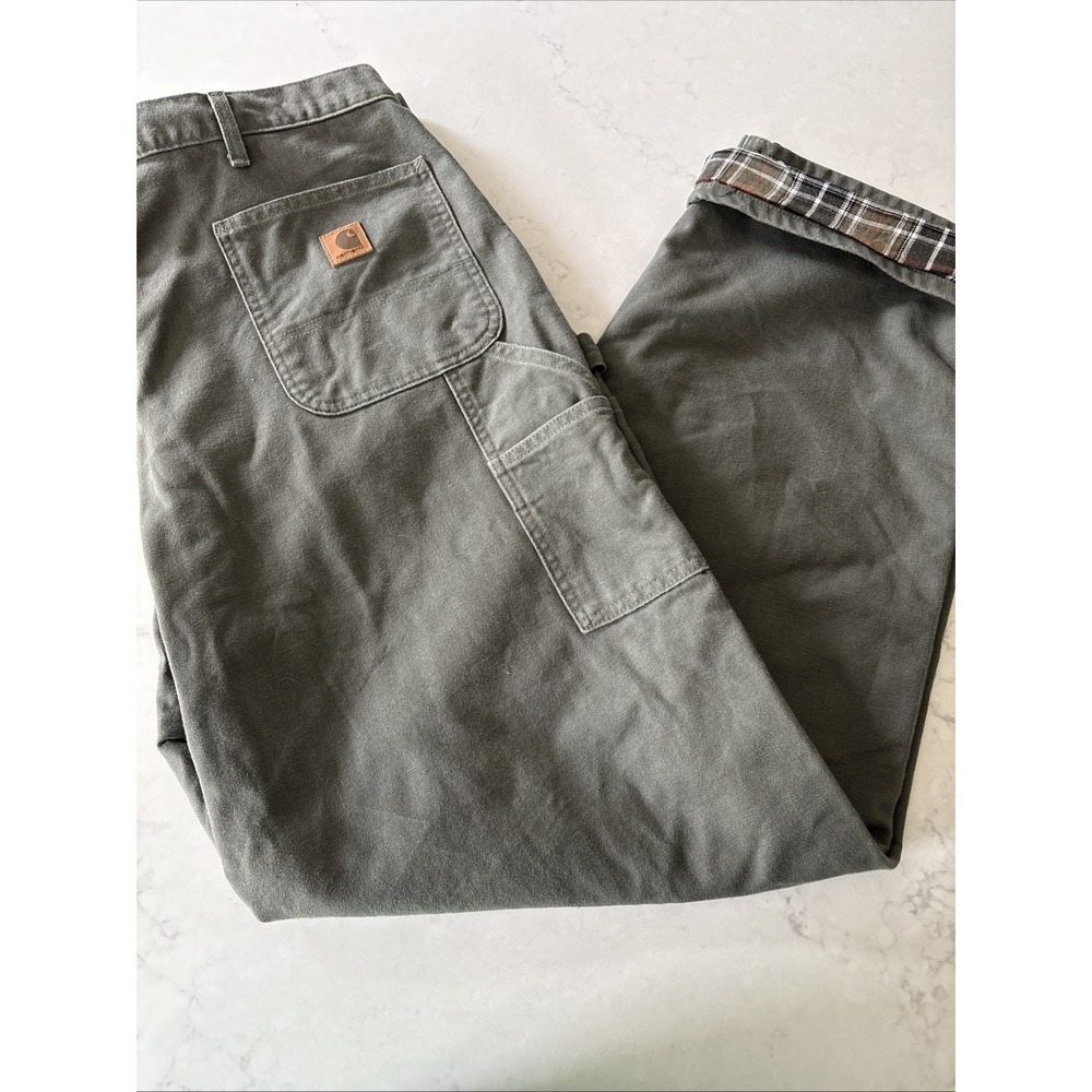 Mens Vtg Y2k 42/34 Carhartt B111 MOS Moss Carpenter Pants Wide Leg Flannel Lined
